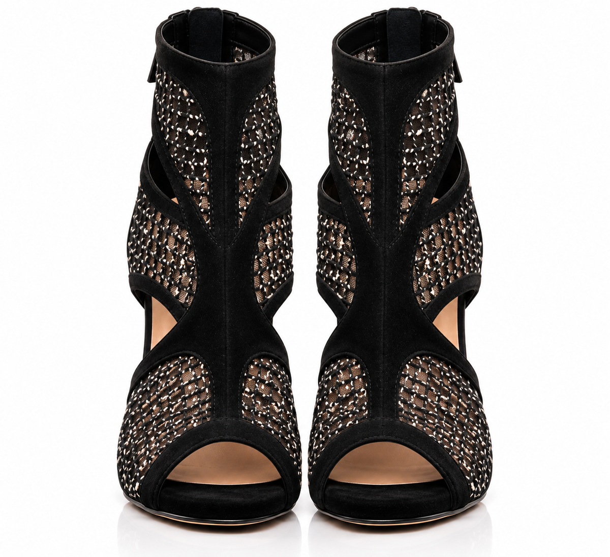 GHAZAL: Black Suede Peep-Toe Cutout Ankle Boots, Custom Made to Your Size Natya Shoes