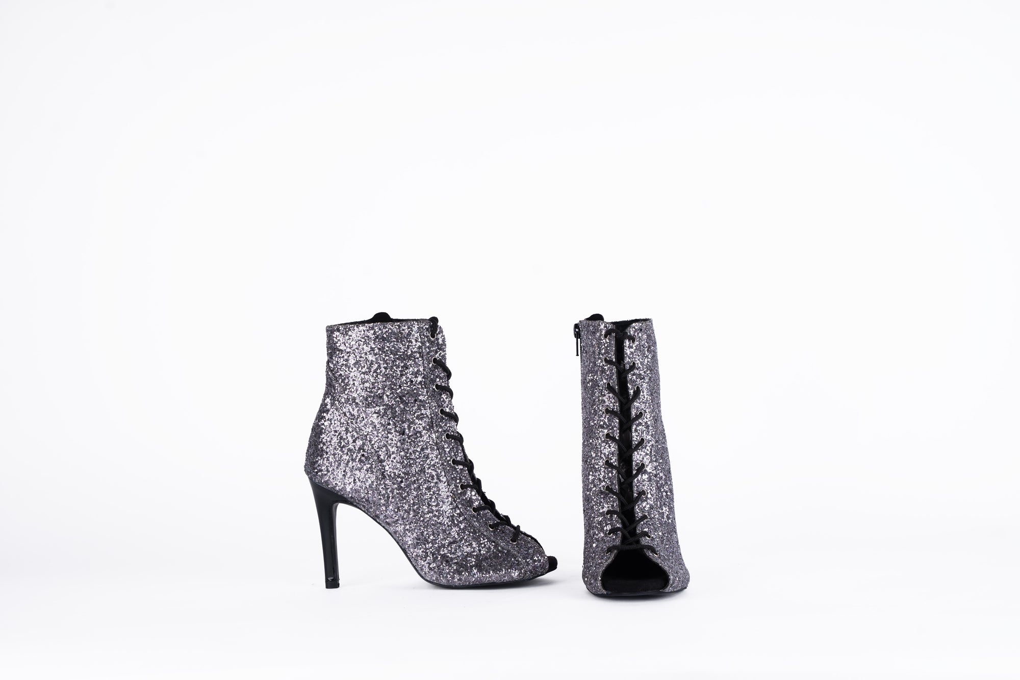 Grey Glittery Fully Adjustable Lace-up Heels -Empress | Natya Shoes