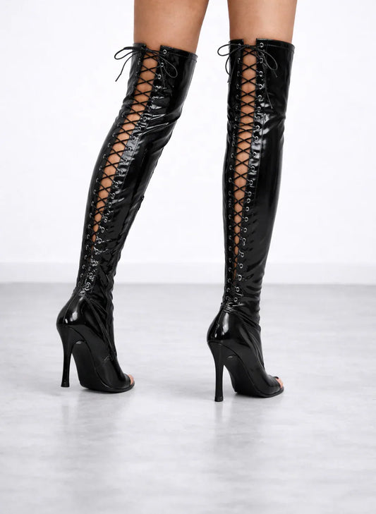 Glossy Black Open-toe stretchable lace up over-the-knee boots - VAMP | Natya Shoes Natya Shoes