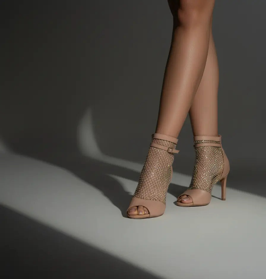 Booties with Rhinestones Studded Mesh Natya Shoes