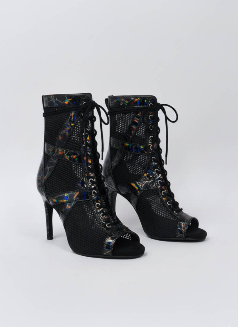 Holographic Black Open toe lace-up booties with mesh - MARBLE | Natya Shoes