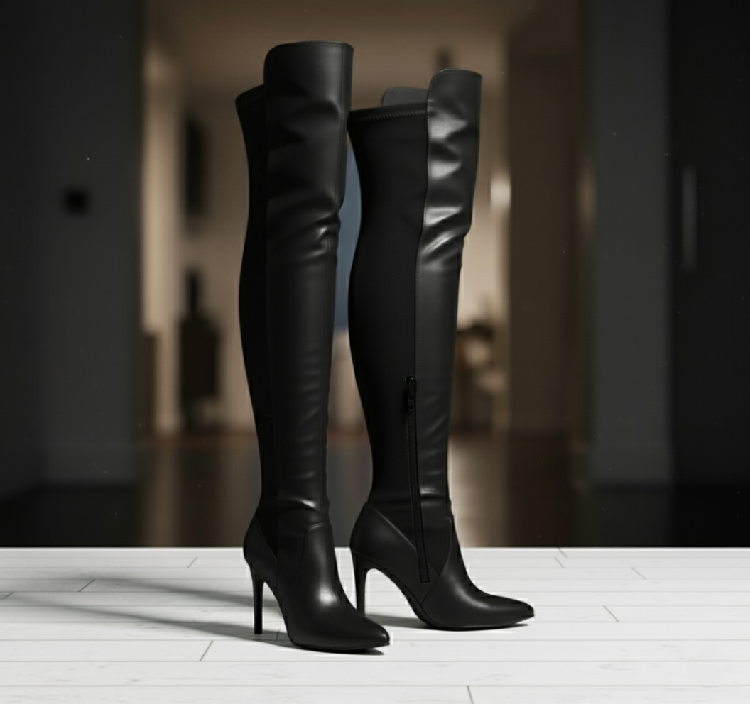 Black Stretchable Over-The-Knee Boots - AMOR | Natya Shoes