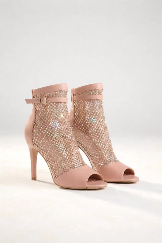 Nude Booties with Rhinestones Studded Mesh-ASTER|Natya Shoes Natya Shoes