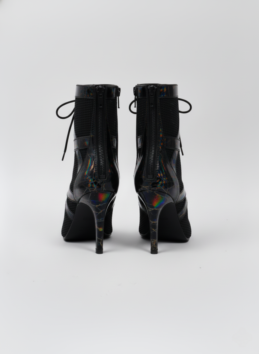 Holographic Black Open toe lace-up booties with mesh - MARBLE | Natya Shoes