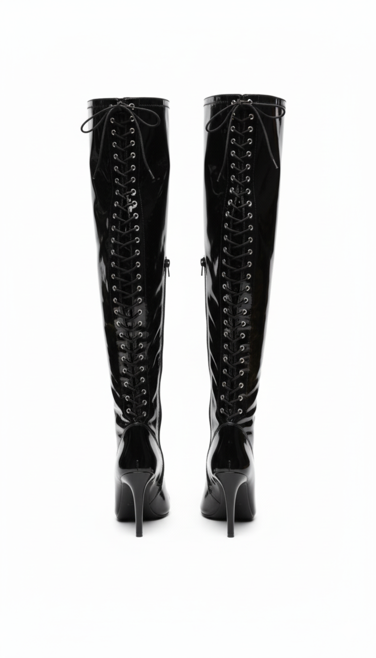 Glossy Black Open-toe stretchable lace up over-the-knee boots - VAMP | Natya Shoes