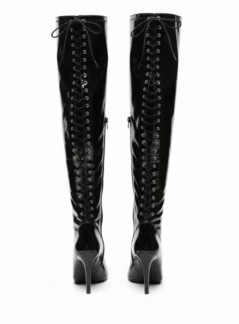 Glossy Black Open-toe stretchable lace up over-the-knee boots - VAMP