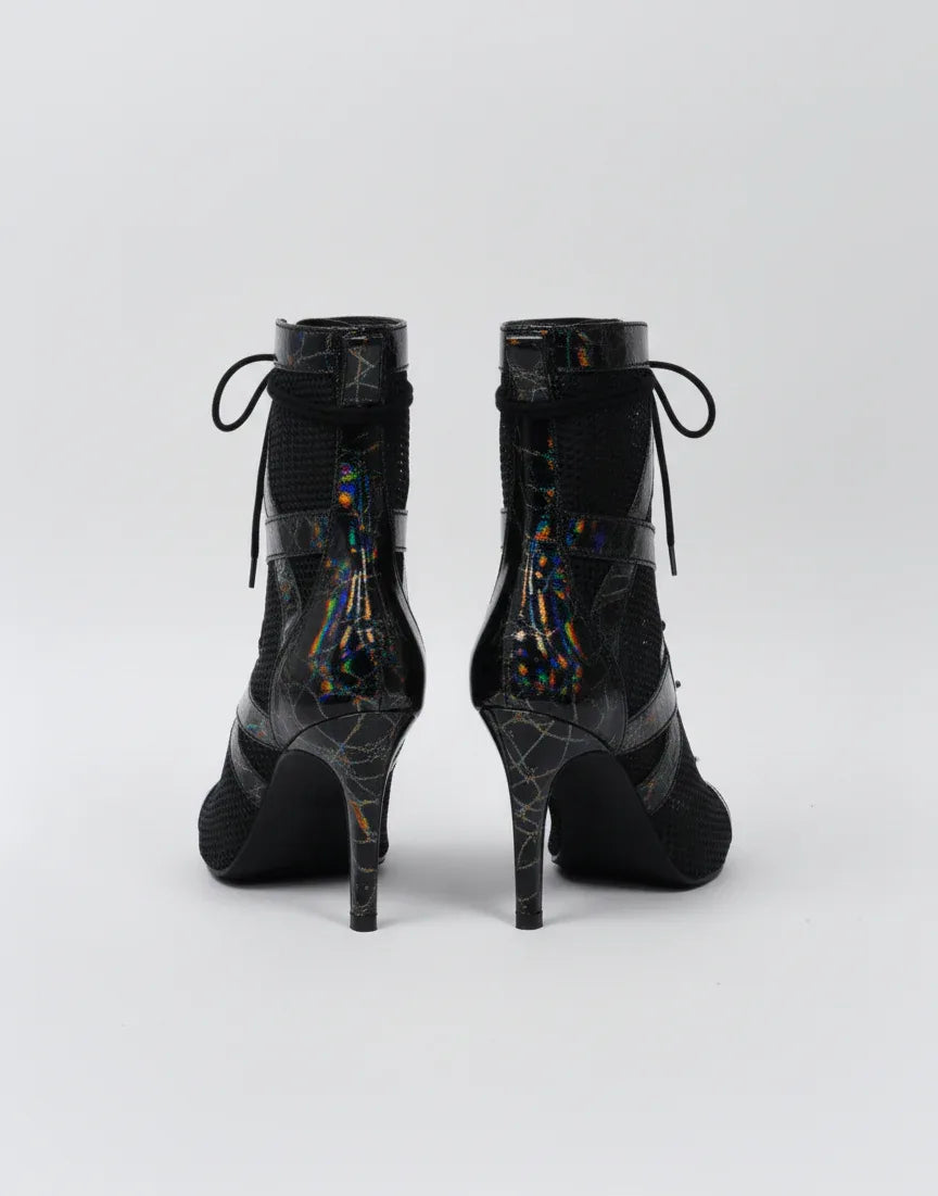 Holographic Black Open toe lace-up booties with mesh - MARBLE | Natya Shoes Natya Shoes