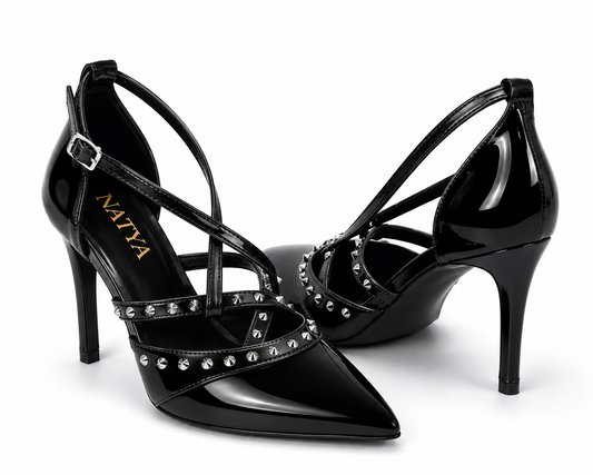 Black Patent Multi-Strap Studded Stiletto Pumps- REBEL | Natya Shoes Natya Shoes
