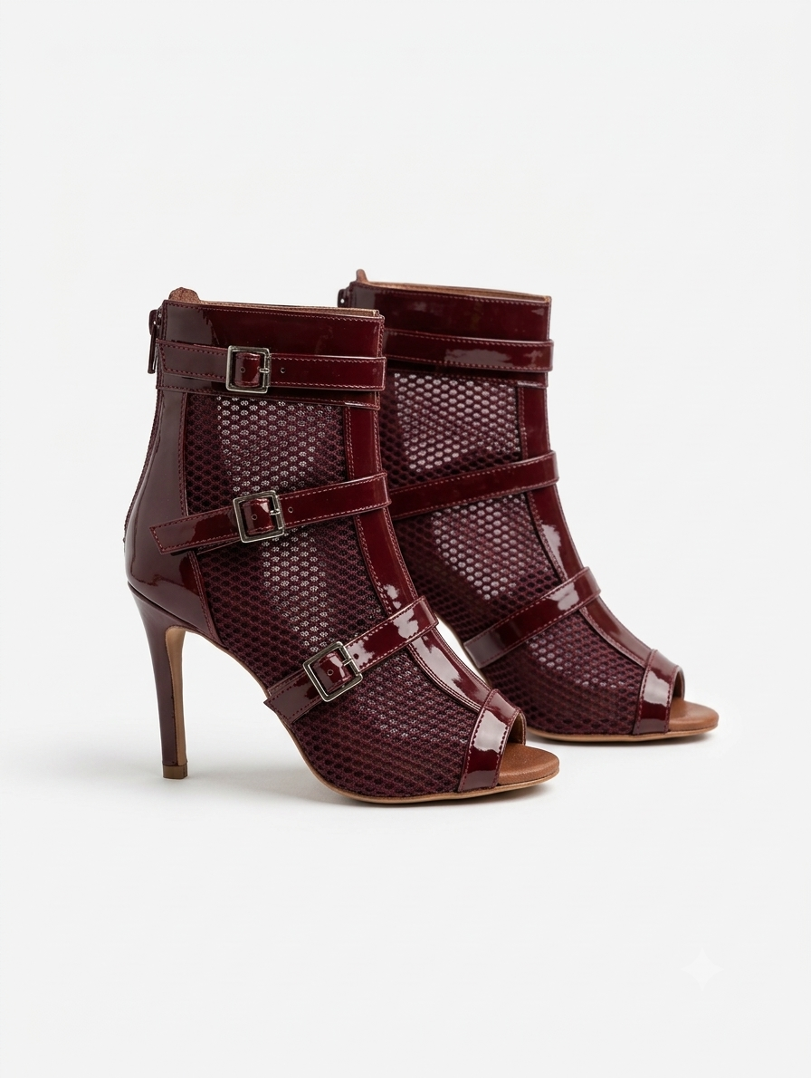 Natya Leela Burgundy Buckle Strap Ankle Boots – Patent & Mesh Peep-Toe Stiletto Booties, Customizable Natya Shoes