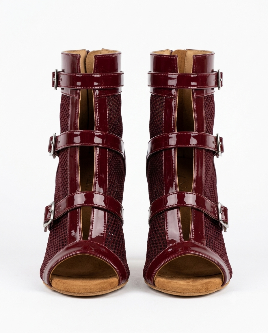 LEELA Burgundy Buckle Strap Ankle Boots – Patent & Mesh Peep-Toe Stiletto Booties, Customizable Natya Shoes