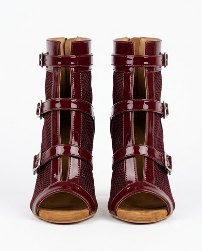 LEELA Burgundy Buckle Strap Ankle Boots – Patent & Mesh Peep-Toe Stiletto Booties, Customizable Natya Shoes