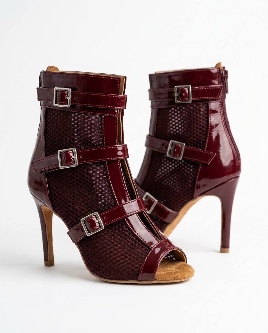 LEELA Burgundy Buckle Strap Ankle Boots – Patent & Mesh Peep-Toe Stiletto Booties, Customizable Natya Shoes