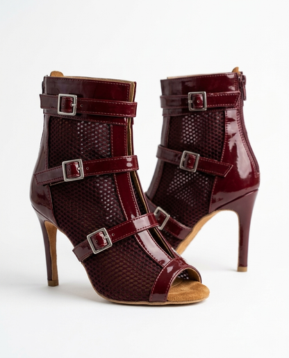 LEELA Burgundy Buckle Strap Ankle Boots – Patent & Mesh Peep-Toe Stiletto Booties, Customizable Natya Shoes