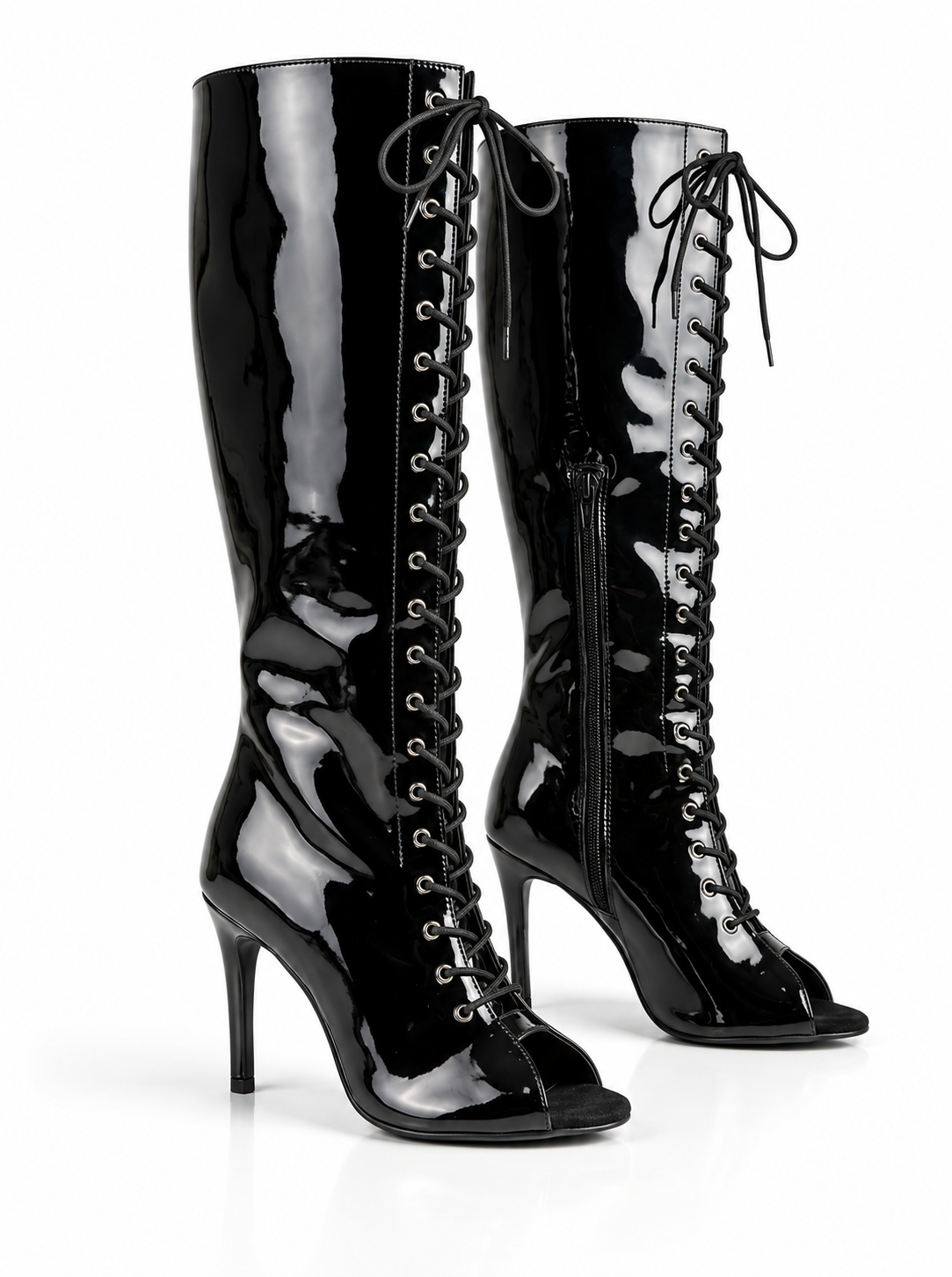 Natya Enigma Black Patent Knee-High Lace-Up Stiletto Boots