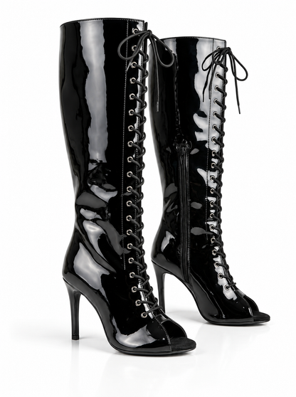 Natya Enigma Black Patent Knee-High Lace-Up Stiletto Boots | Peep-Toe | Customizable Natya Shoes