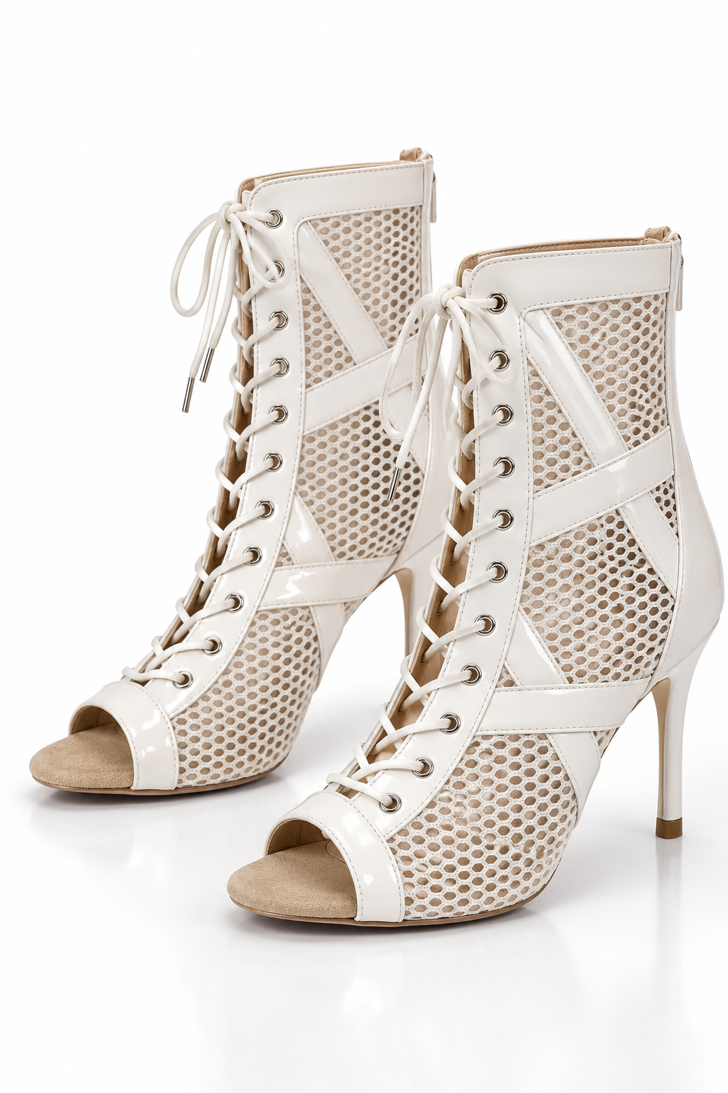 Customizable White Lace-Up Ankle Boots – Honeycomb Mesh & Patent Peep-Toe Heels - DIAMOND
