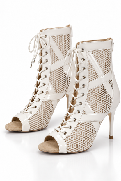 Customizable White Lace-Up Ankle Boots – Honeycomb Mesh & Patent Peep-Toe Heels - DIAMOND  | Natya Shoes (Copy) Natya Shoes