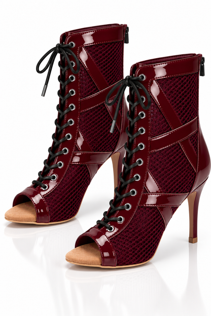 Customizable Wine Lace-Up Dance Booties – Honeycomb Mesh & Patent Peep-Toe Heels - DIAMOND  | Natya Shoes Natya Shoes
