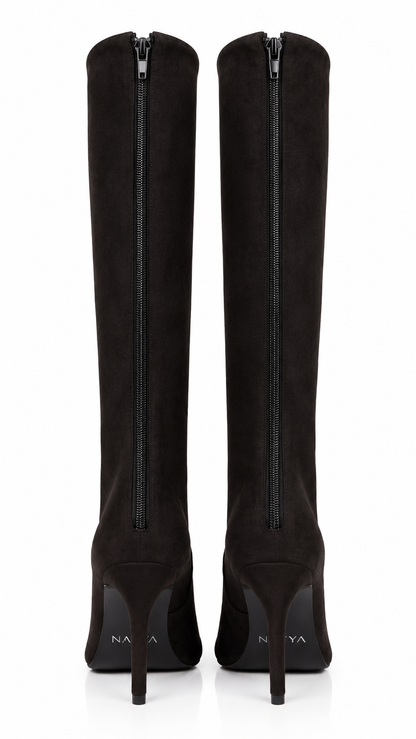 NOOR Black Lace Knee-High Boots – Peep-Toe Lace-Up Stiletto Boots, Floral Lace & Suede-Finish, Customizable | Natya Shoes Natya Shoes