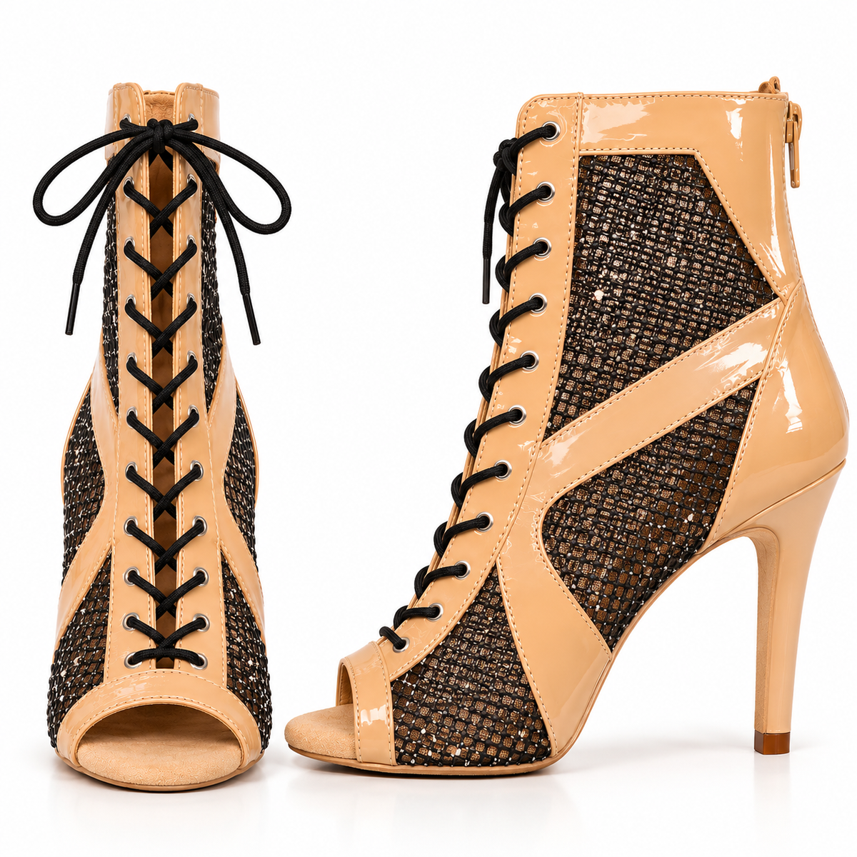 Natya MIRAGE Peep-Toe Lace-Up Ankle Boots – Nude Patent & Black Mesh Booties, Customizable Honeycomb Mesh & Patent Peep-Toe Heels - DIAMOND