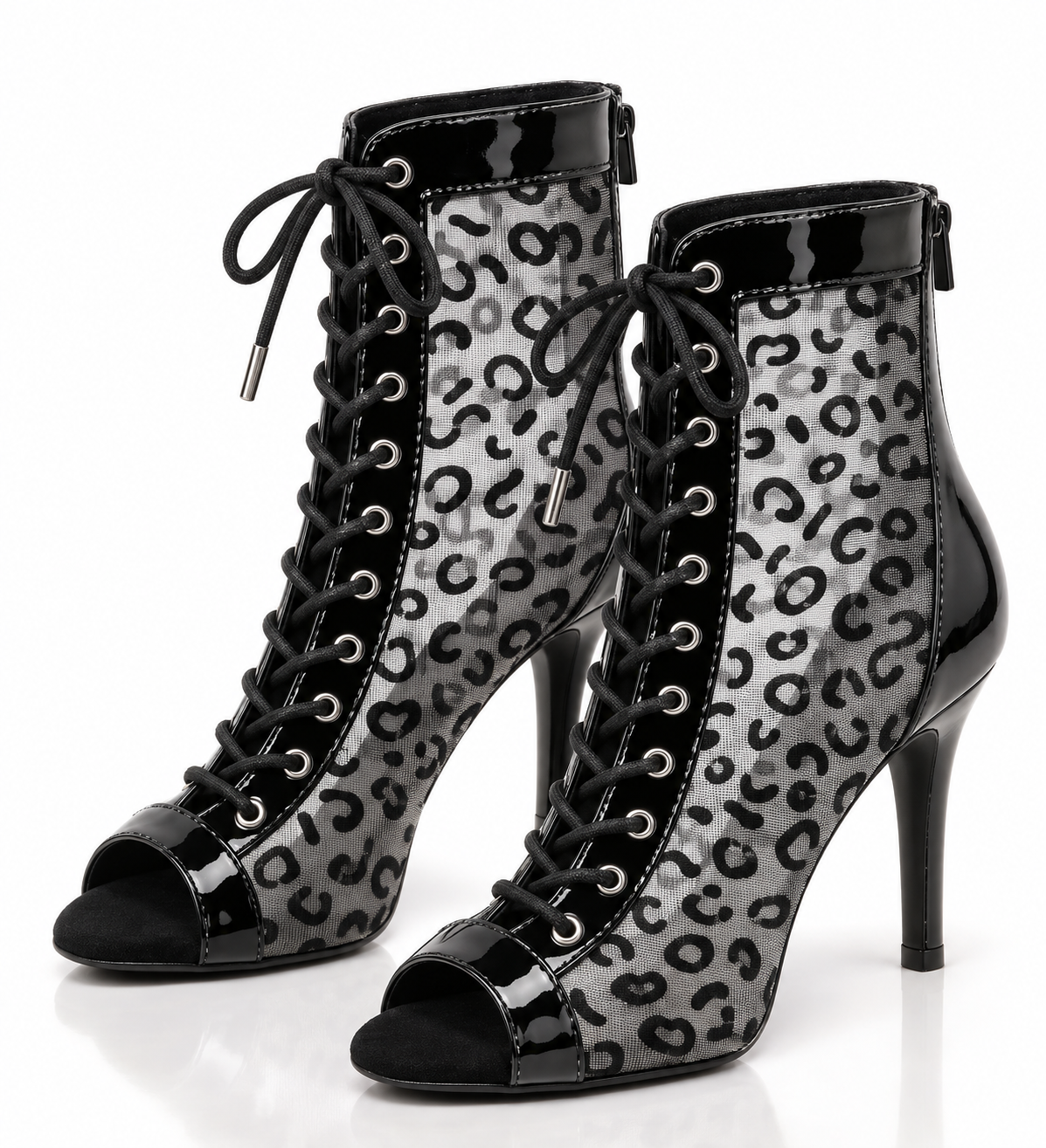 VANYA Leopard Mesh Lace-Up Peep Toe Ankle Boots