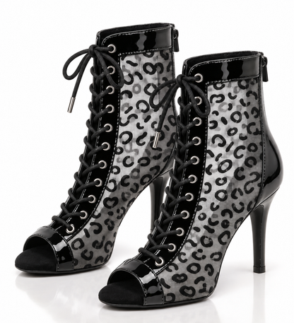 VANYA Leopard Mesh Lace-Up Peep Toe Ankle Boots | Natya Shoes Natya Shoes
