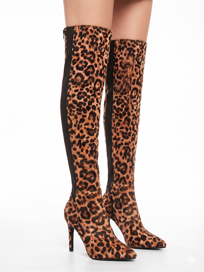 RUDRANI Hair-on Leopard Print Over-the-Knee Boots | Stiletto Heel Stretch Thigh-High Boots | Natya Shoes Natya Shoes