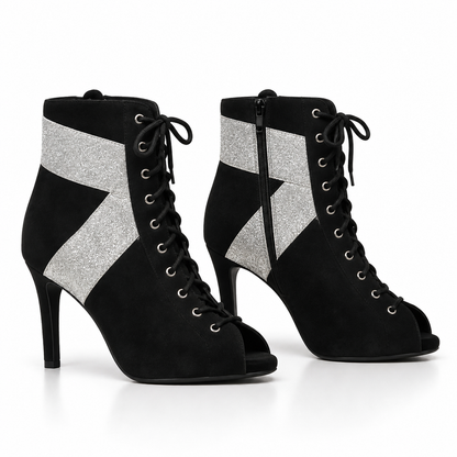 Black Suede Glittery Fully Adjustable Lace-up Heels - TARA | Natya Shoes Natya Shoes