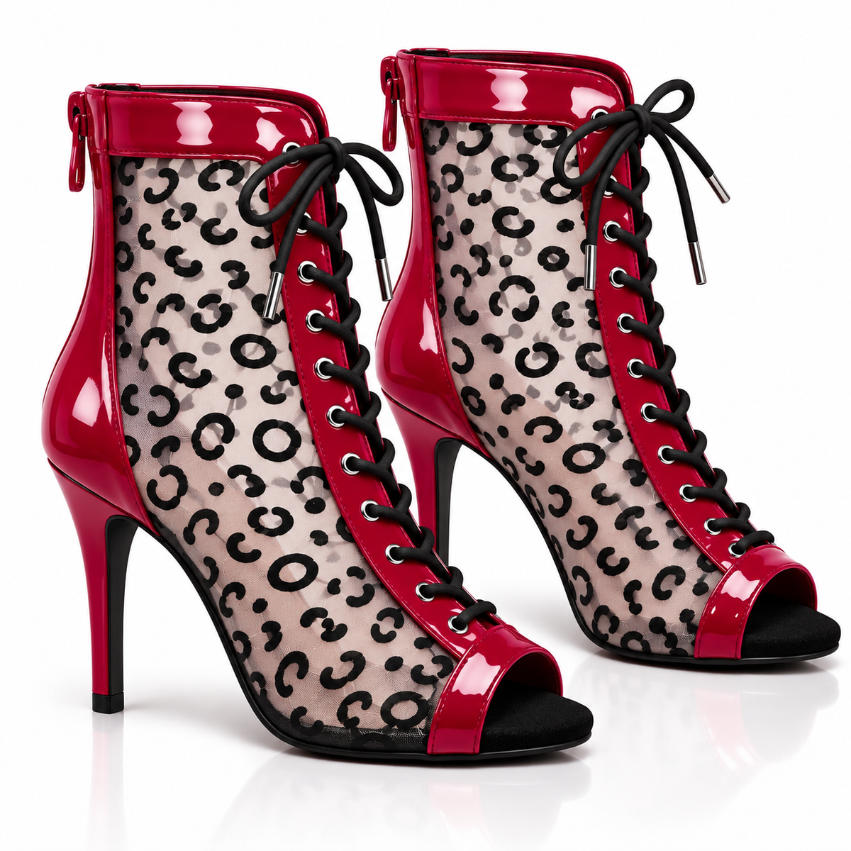 VANYA Burgundy Leopard Mesh Lace-Up Peep Toe Ankle Boots