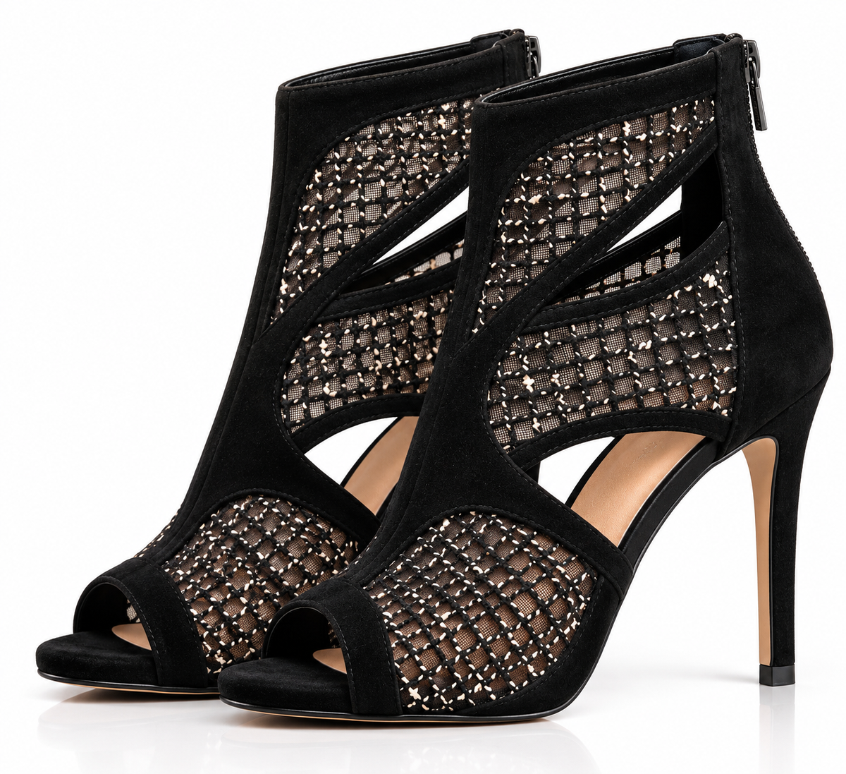 GHAZAL: Black Suede Peep-Toe Cutout Ankle Boots, Custom Made to Your Size Natya Shoes