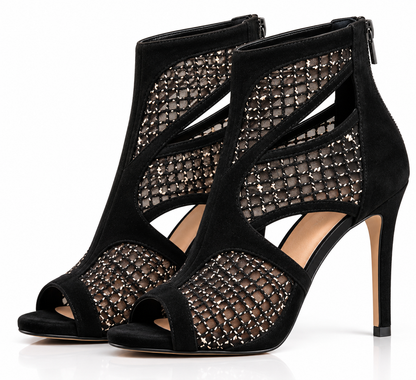 GHAZAL: Black Suede Peep-Toe Cutout Ankle Boots, Custom Made to Your Size Natya Shoes