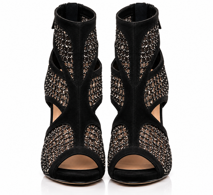 GHAZAL: Black Suede Peep-Toe Cutout Ankle Boots, Custom Made to Your Size Natya Shoes
