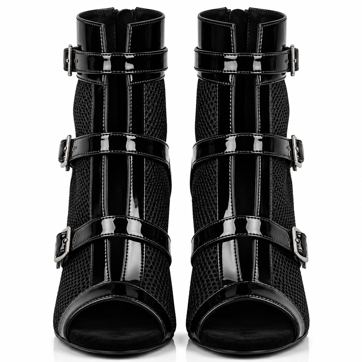 LEELA Black Buckle Strap Ankle Boots – Patent & Mesh Peep-Toe Stiletto Booties, Customizable Natya Shoes
