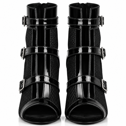 LEELA Black Buckle Strap Ankle Boots – Patent & Mesh Peep-Toe Stiletto Booties, Customizable Natya Shoes