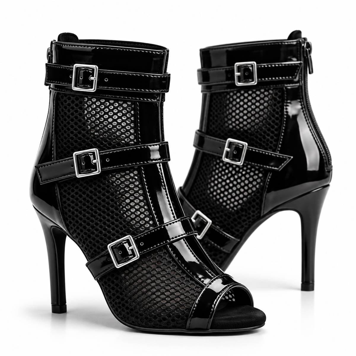 LEELA Black Buckle Strap Ankle Boots – Patent & Mesh Peep-Toe Stiletto Booties, Customizable Natya Shoes