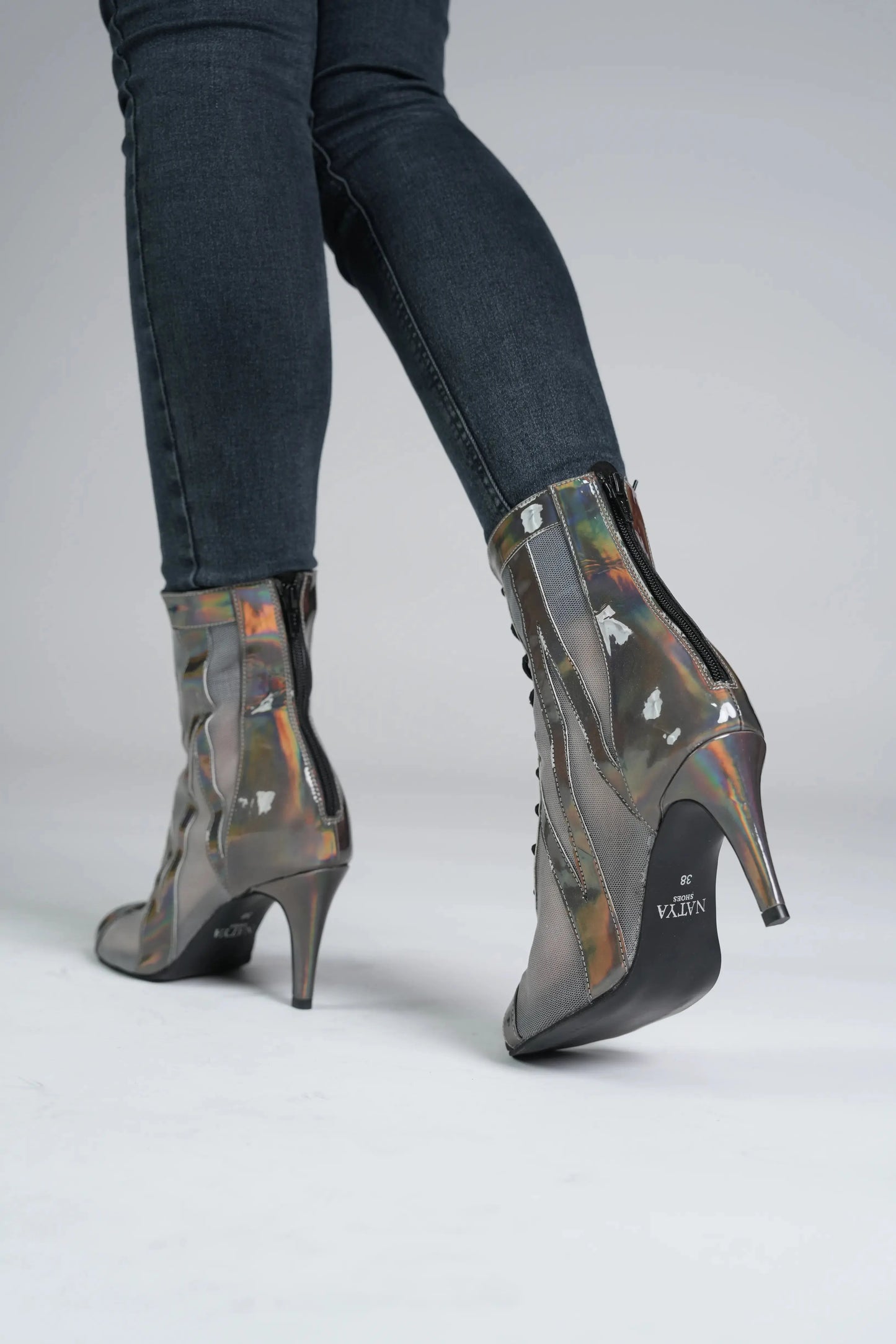 Reflective Grey Ankle booties – AURA | Natya Shoes Natya Shoes