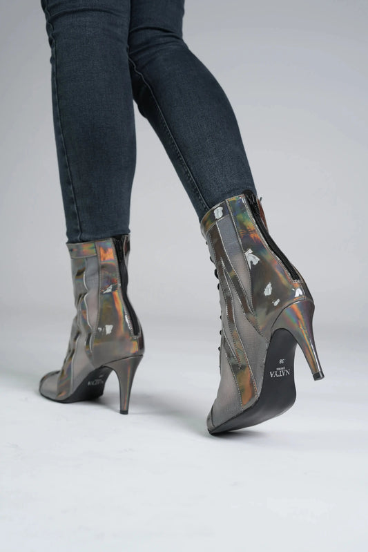 Reflective Grey Ankle booties – AURA | Natya Shoes Natya Shoes