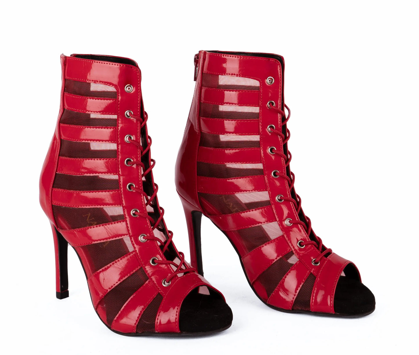 Red Open toe lace up booties with mesh - CRYSTAL | Natya Shoes Natya Shoes