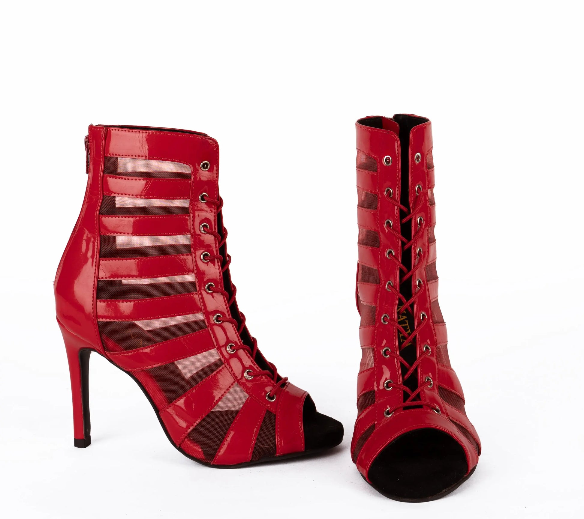 Red Open toe lace up booties with mesh - CRYSTAL | Natya Shoes Natya Shoes