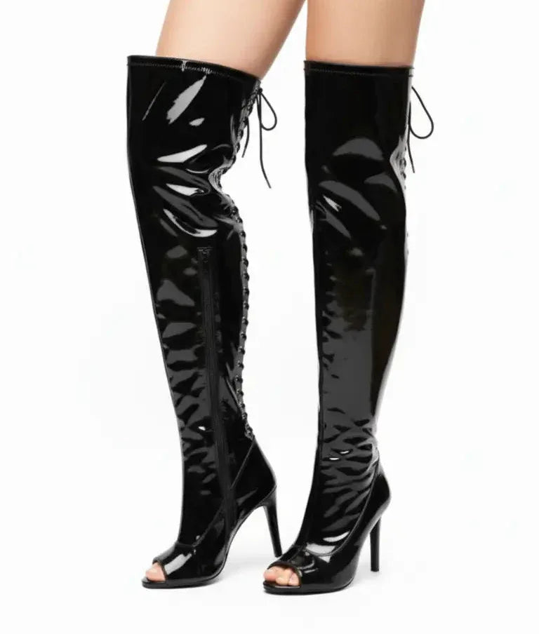 Glossy Black Open-toe stretchable lace up over-the-knee boots - VAMP