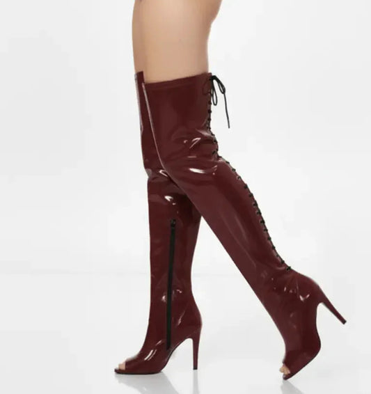 Glossy Wine Open-toe stretchable lace up over-the-knee boots - VAMP | Natya Shoes Natya Shoes
