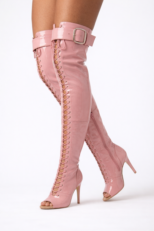 Glossy Brown Open-toe stretchable lace up over-the-knee boots - VAMP | Natya Shoes Natya Shoes