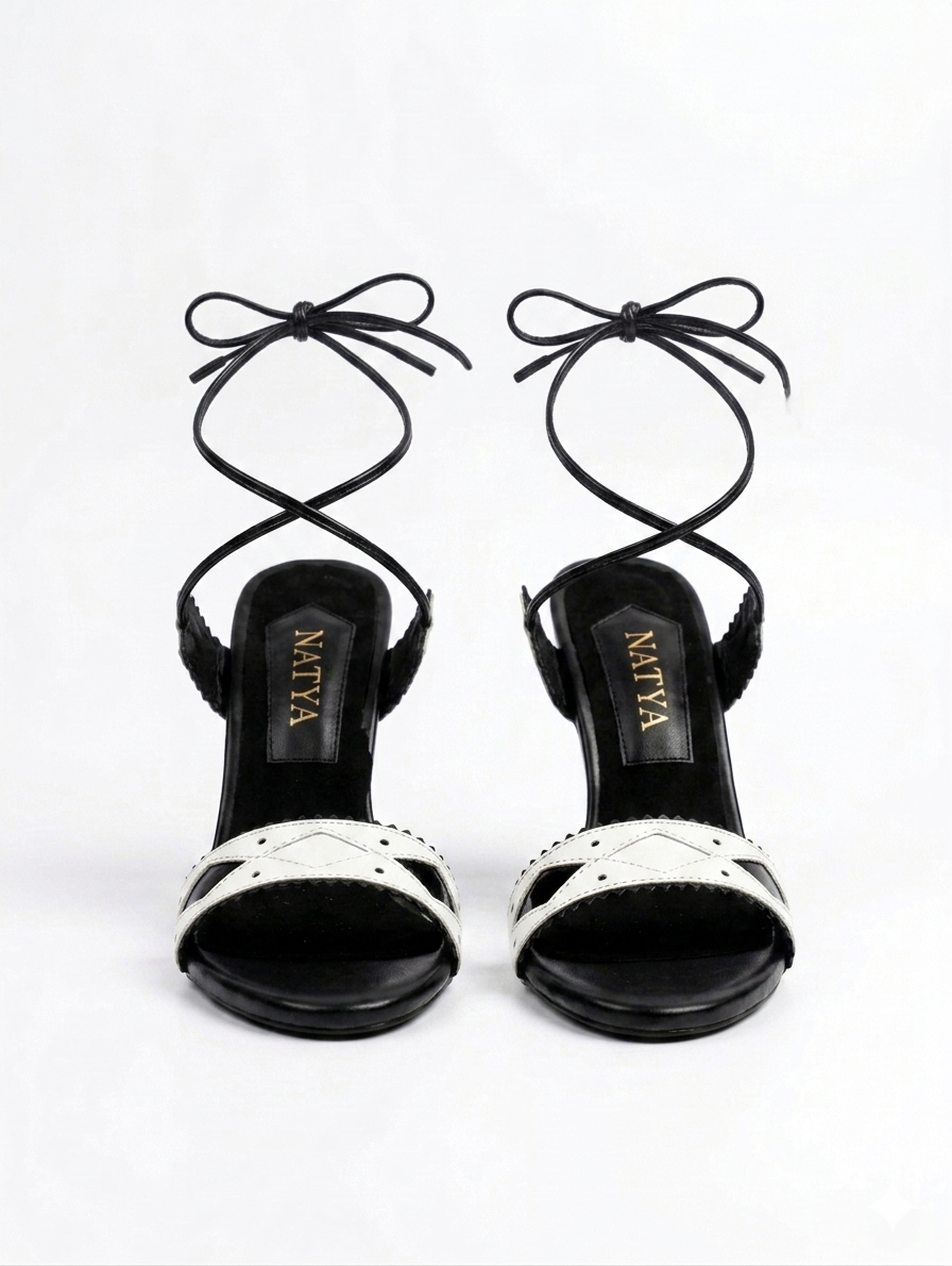 Lace-up Heeled Sandal| Black &White | KITE | Natya Shoes Natya Shoes