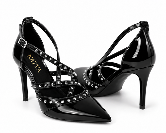Black Patent Multi-Strap Studded Stiletto Pumps-  REBEL | Natya Shoes Natya Shoes
