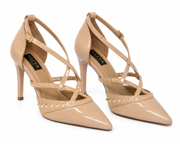Beige Patent Multi-Strap Studded Stiletto Pumps-  REBEL | Natya Shoes Natya Shoes