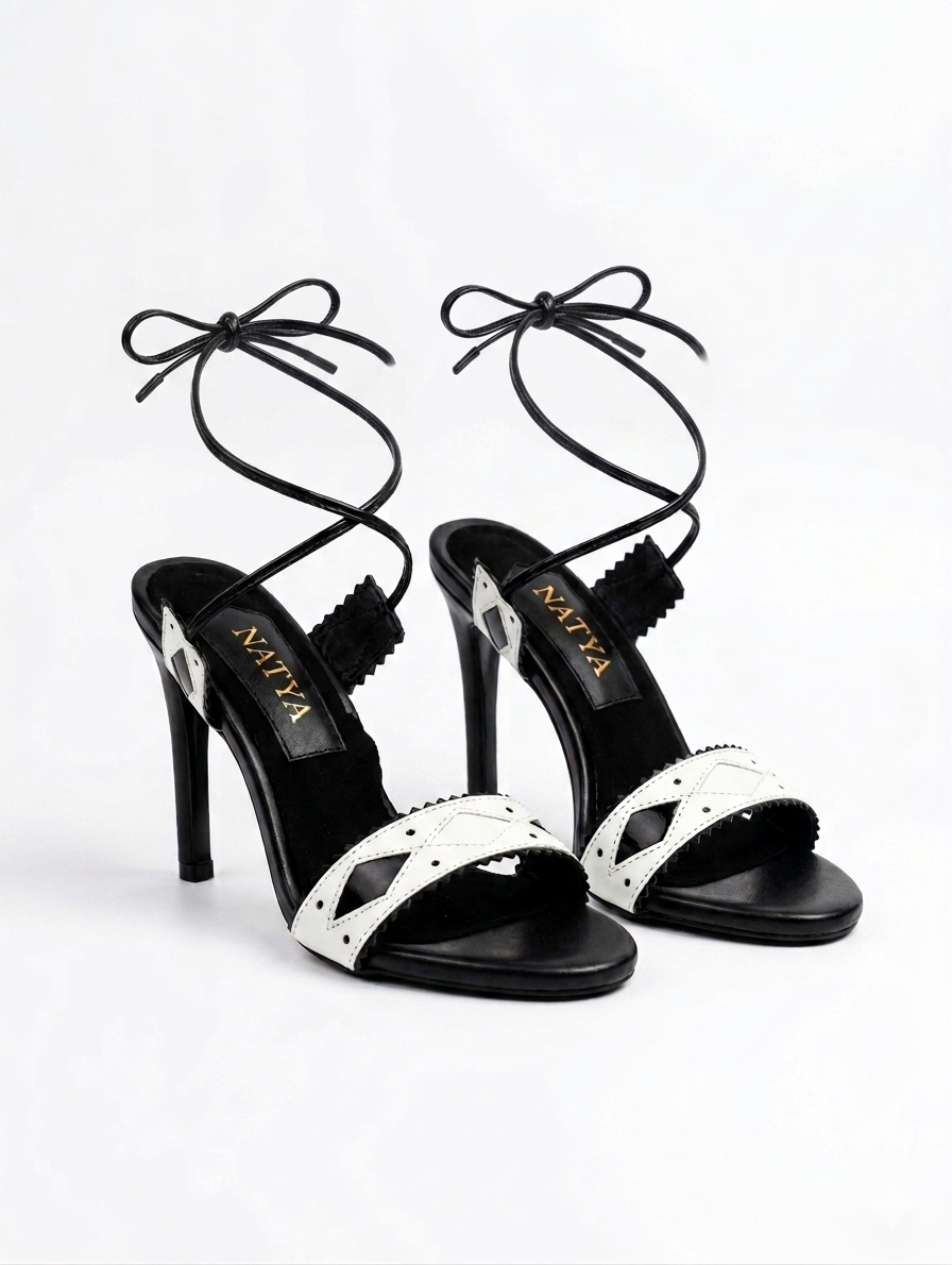 Lace-up Heeled Sandal| Black &White | KITE | Natya Shoes Natya Shoes