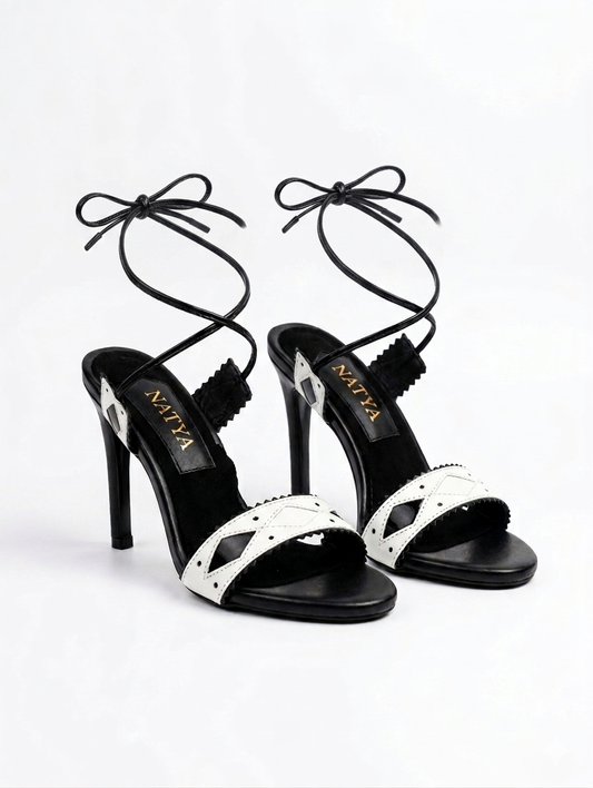 Lace-up Heeled Sandal| Black &White | KITE | Natya Shoes Natya Shoes