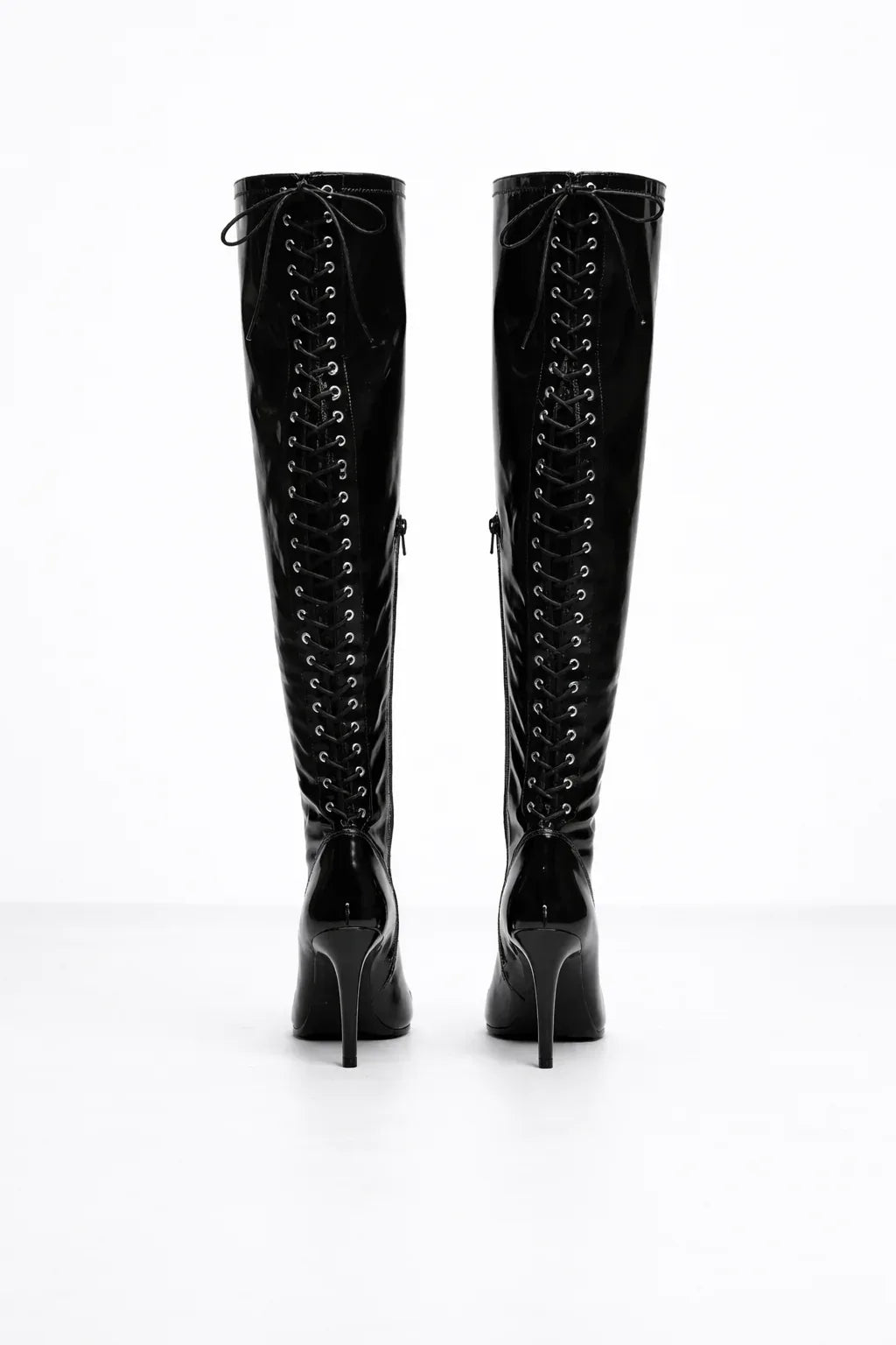 Glossy Black Open-toe stretchable lace up over-the-knee boots - VAMP | Natya Shoes Natya Shoes
