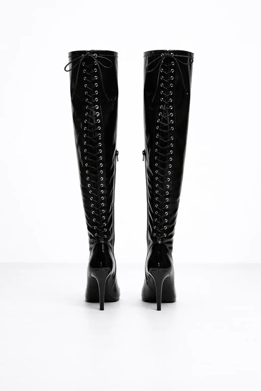 Glossy Black Open-toe stretchable lace up over-the-knee boots - VAMP | Natya Shoes Natya Shoes
