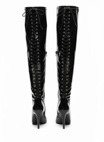 Glossy Black Open-toe stretchable lace up over-the-knee boots - VAMP | Natya Shoes Natya Shoes
